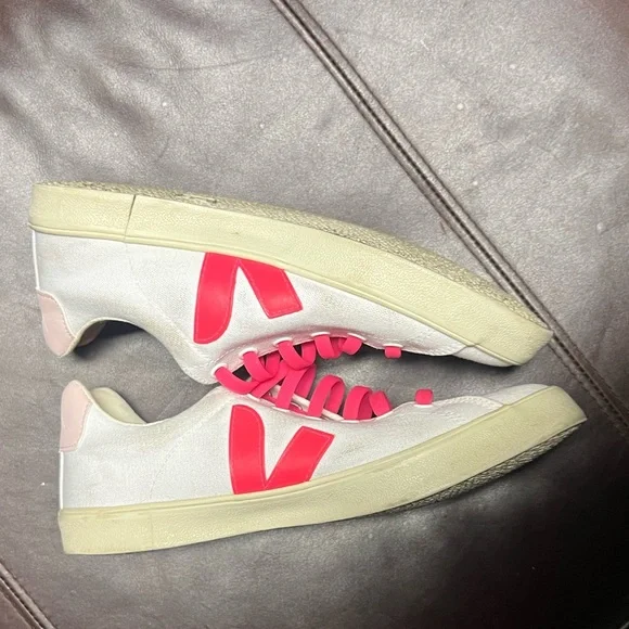 Veja Esplar SE Low Canvas Sneakers White Pink Size 7 Slip-On w/ Stretch Laces - Picture 4 of 7